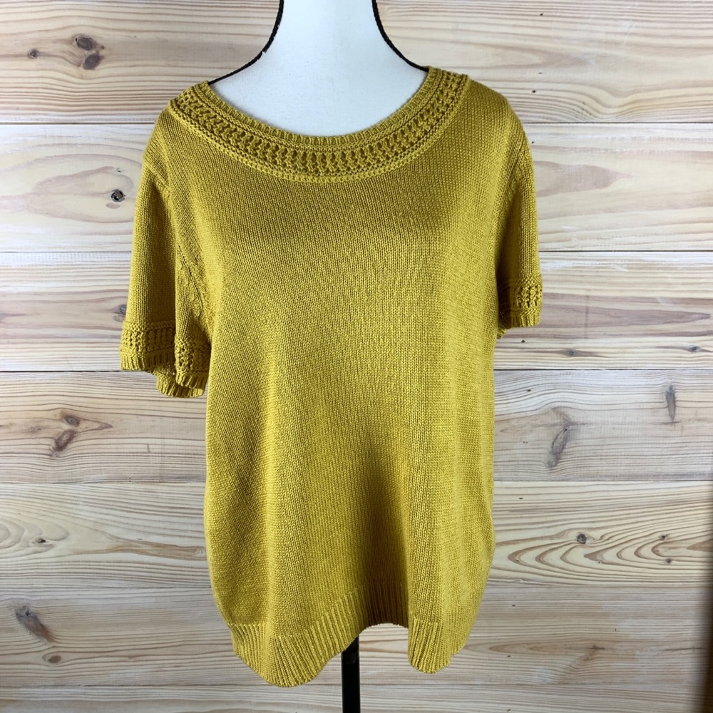 By Anthropologie Sweater Women XL Mustard Short Sleeve Crochet Trim Knit Boho